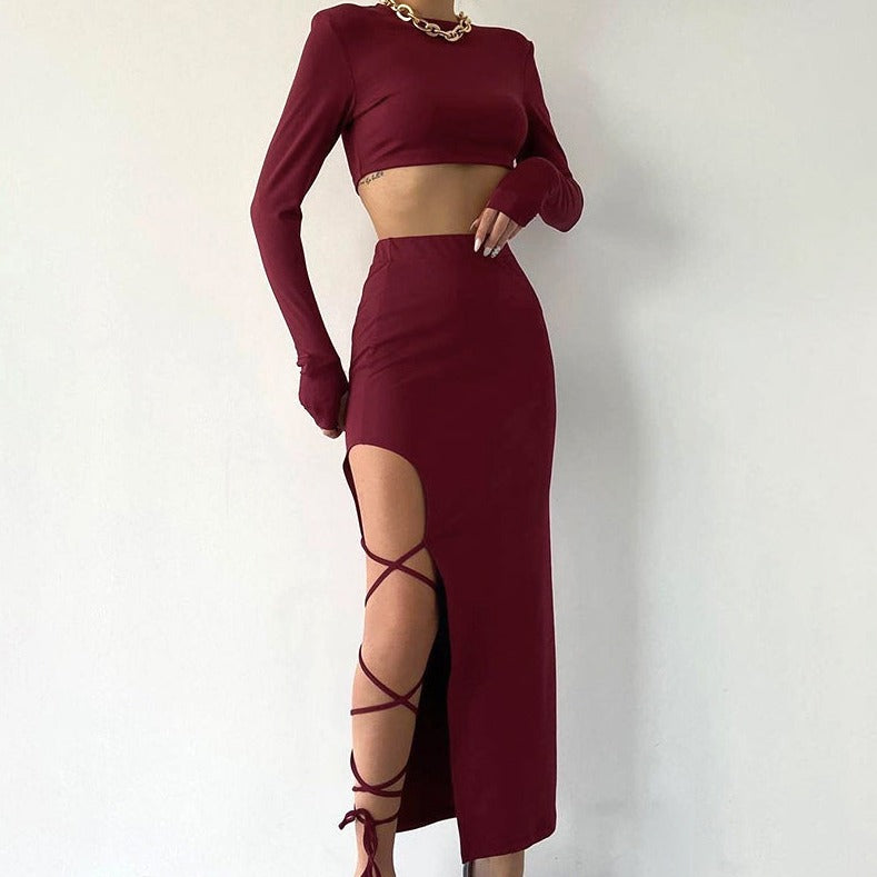 Chic Women's Y2k Two-Piece Long Sleeve Crop Top and High Slit Sexy Tie Skirt Set