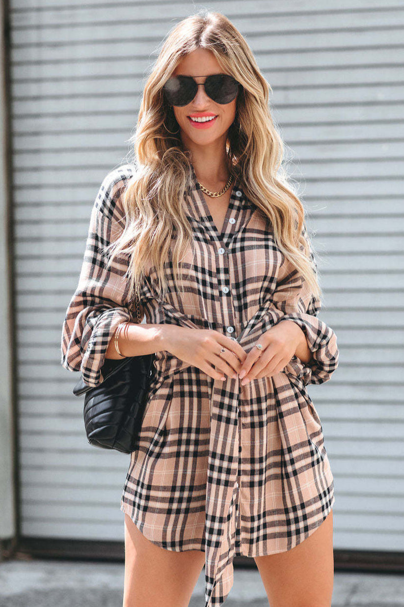 Chic Plaid Belted Shirt Dress