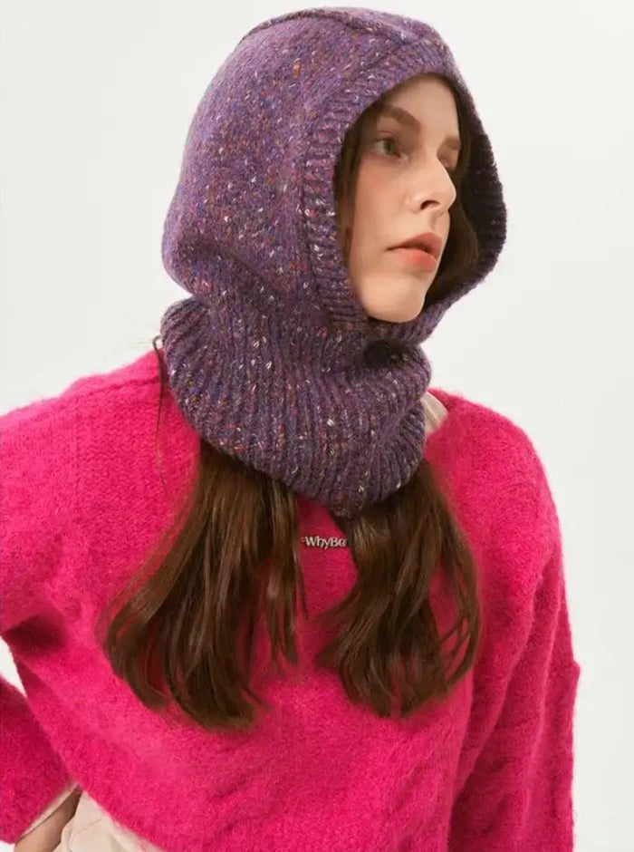 Lila gestrickte Balaclava-Mütze, warme Wintermütze zum Überziehen 