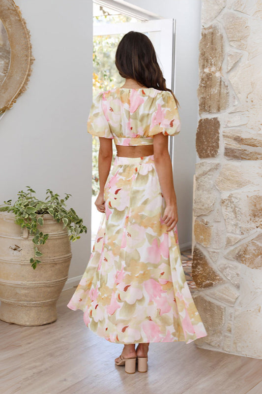 Florales Maxikleid Kurzarm Tiefer Ausschnitt - Sommer Boho Kleid Bunt