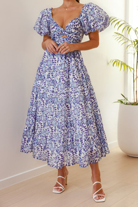 Midikleid mit Blumenmuster und Puffärmeln in Blau und Weiß