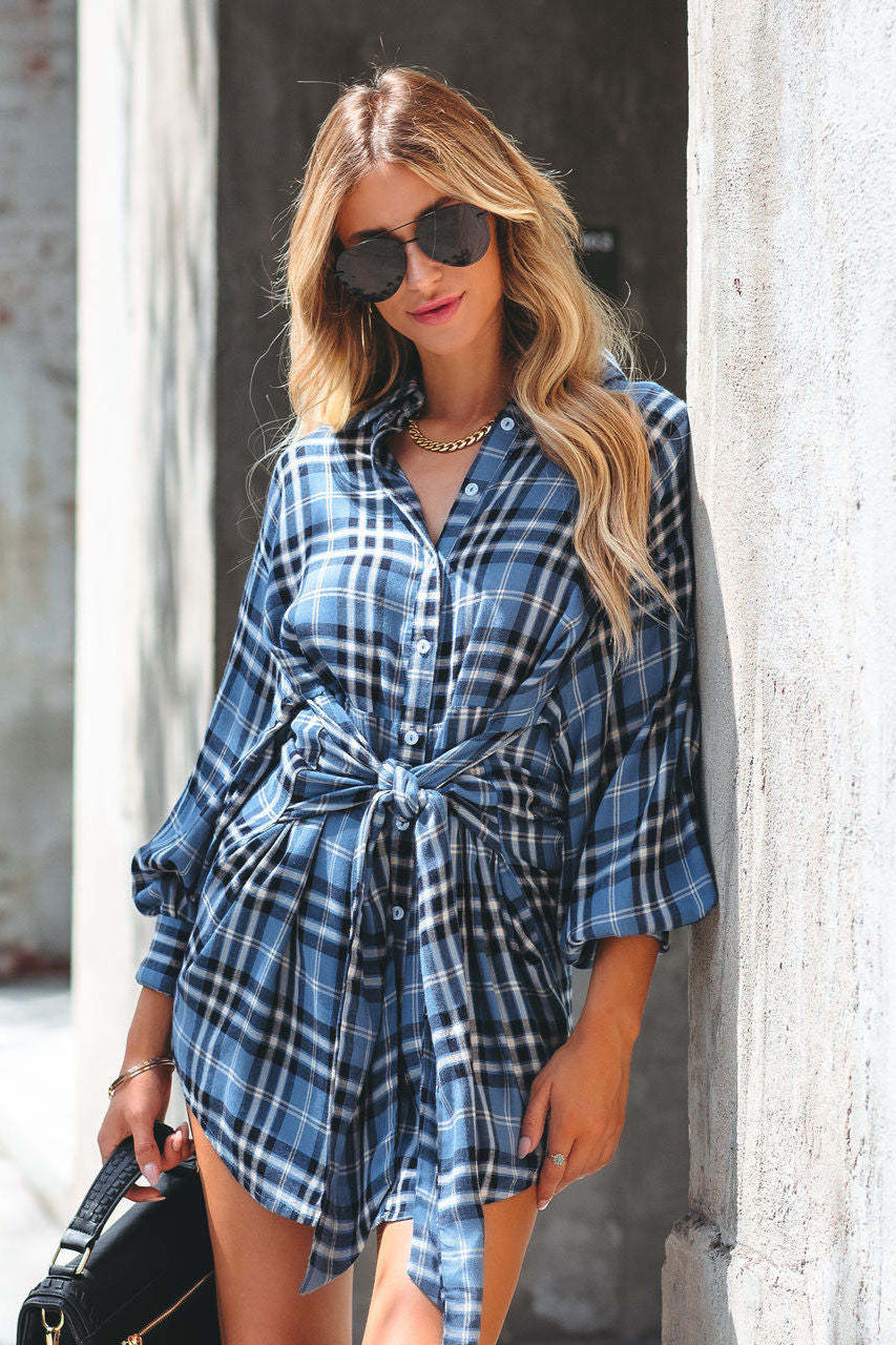 Chic Plaid Belted Shirt Dress