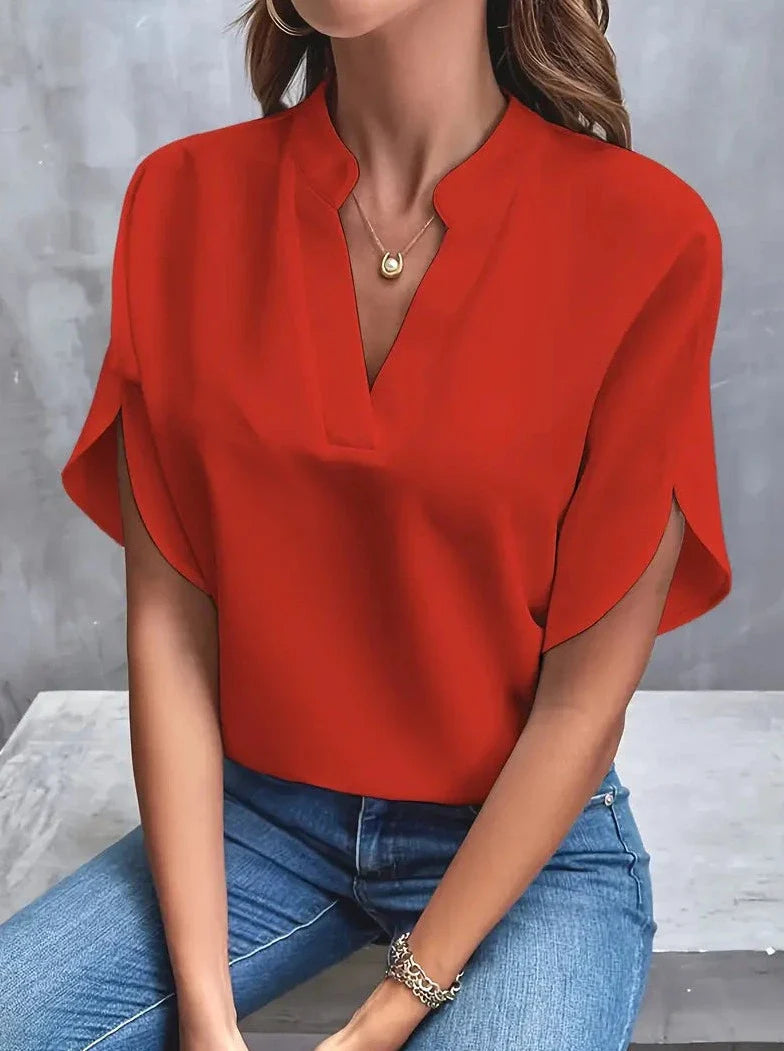 Elegant Short Sleeve Deep Notch V Neck Blouse