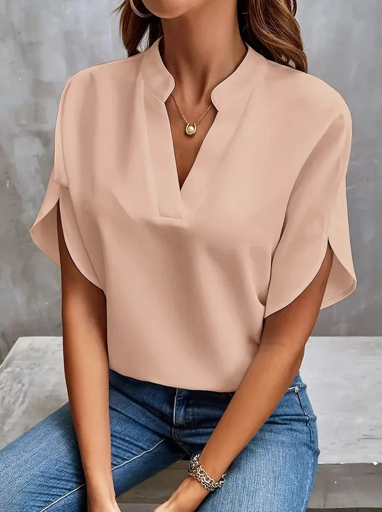 Elegant Short Sleeve Deep Notch V Neck Blouse