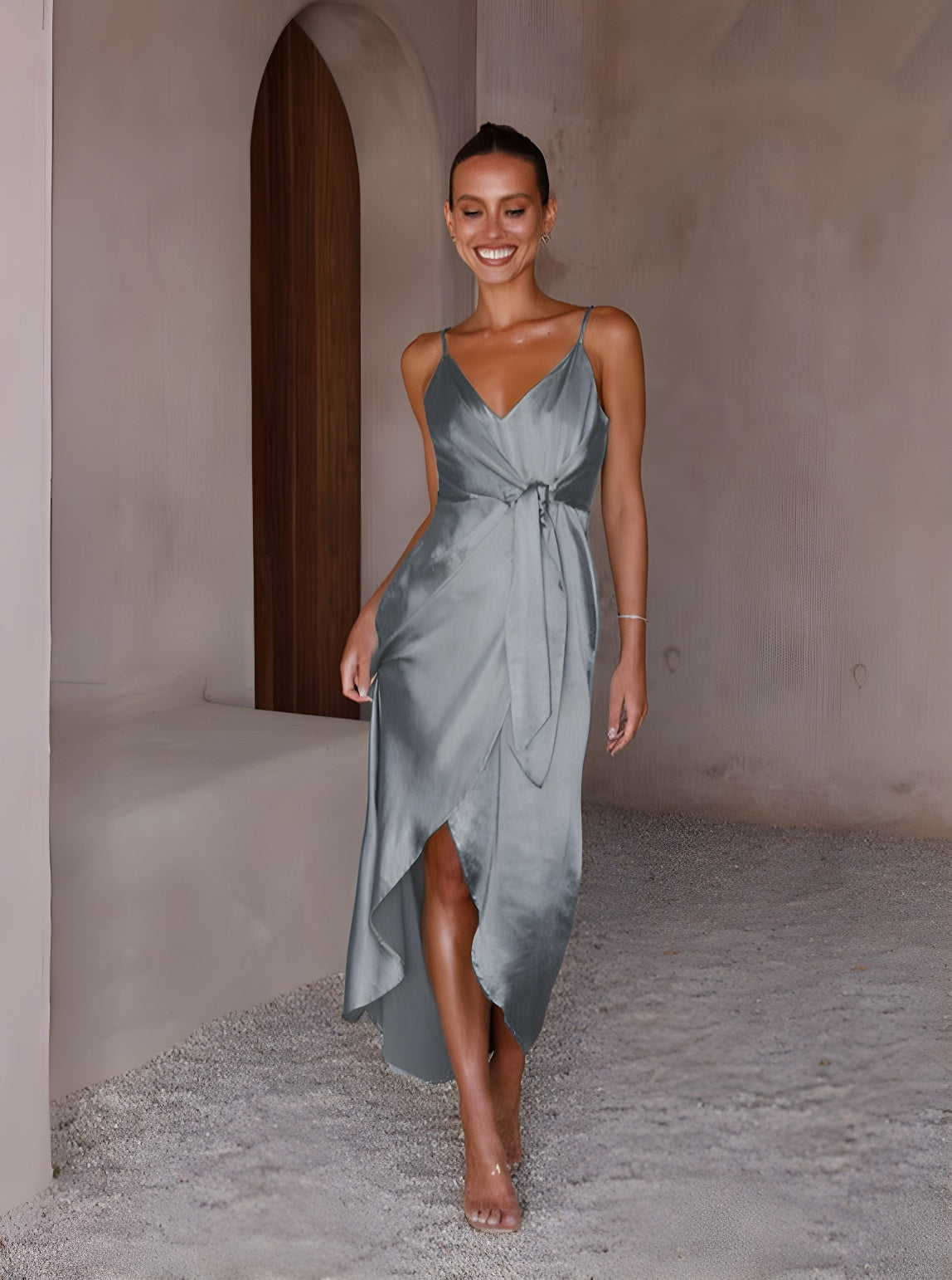 Wickelkleid Satin Spaghettiträger - Festlich Lang mit Schlitz - Elegantes Abendkleid für Feiern