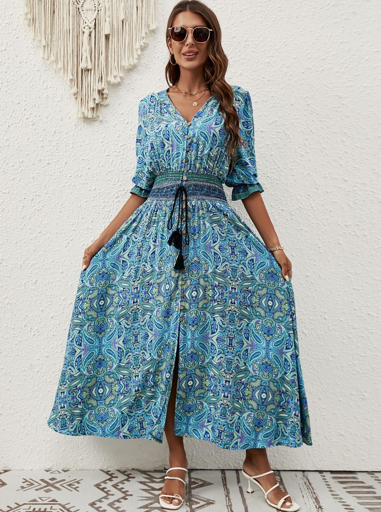 Bedrucktes Vintage-Midikleid mit halblangen Ärmeln im Boho-Stil 