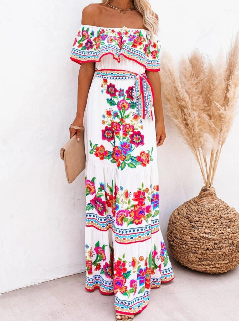 Boho Maxikleid Off-Shoulder Weiß Buntes Blumenmuster Rüschen Sommerkleid