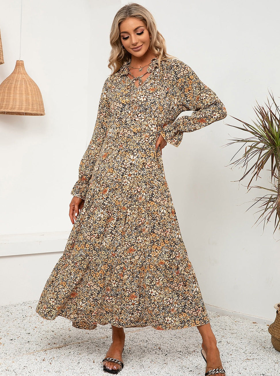 Floral V-Neck Ruffle Long Sleeve Loose Dress