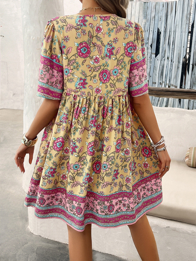 Apricot Retro Printed V-Neck Short Sleeve Dress