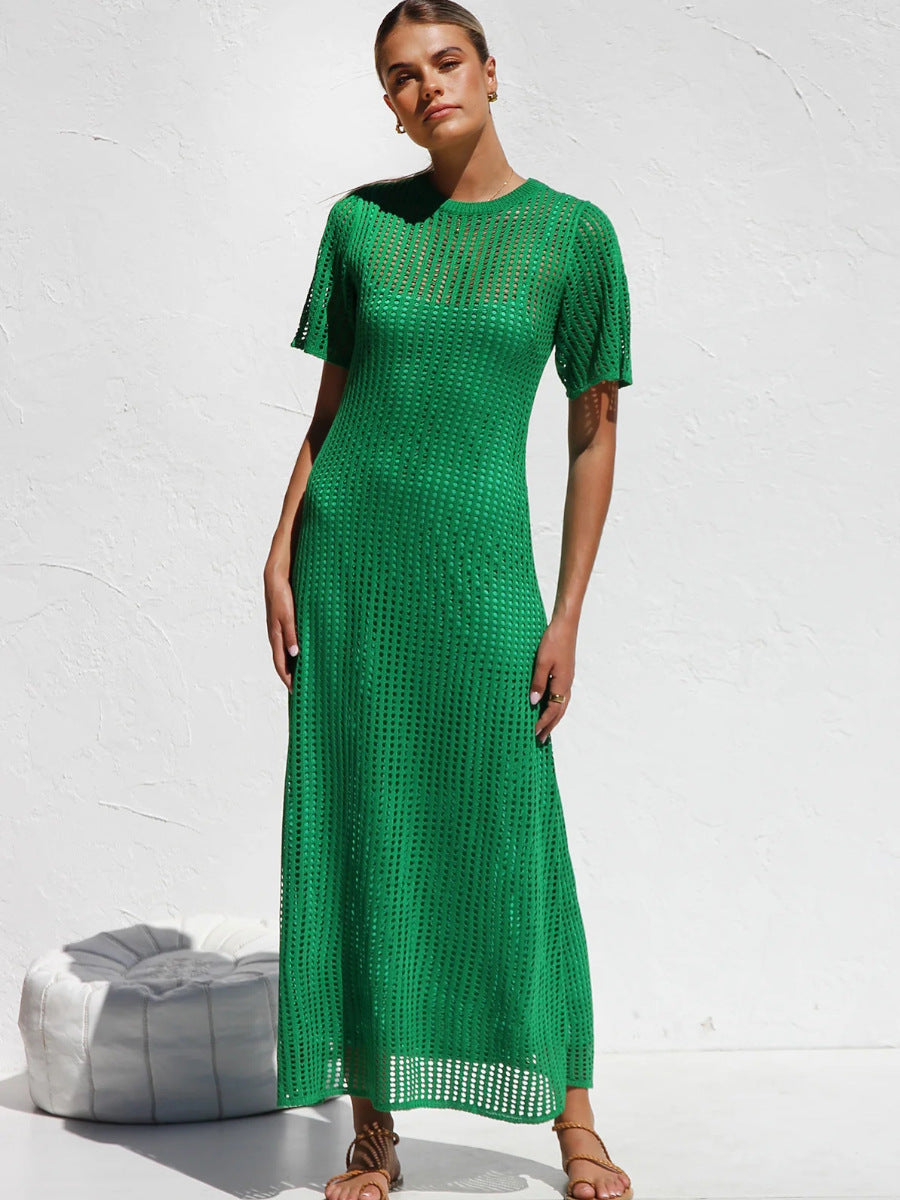 Green Casual Round Neck Short Sleeve Hollow Mid-Length Dress