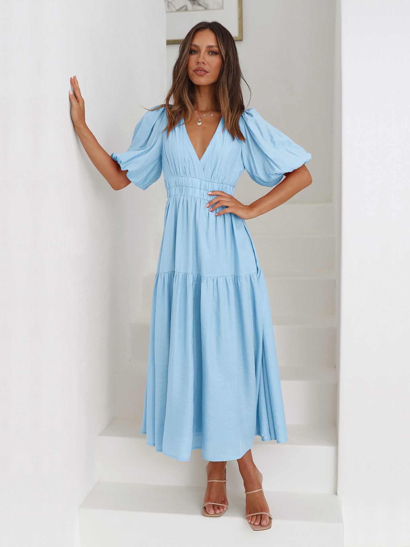 Sky Blue Deep V-Neck Puff Sleeve Layered Dress