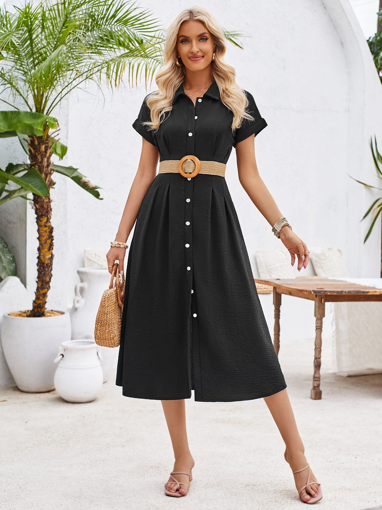 Plain Buttoned Tucked Shirt Short Sleeves Maxi Dress