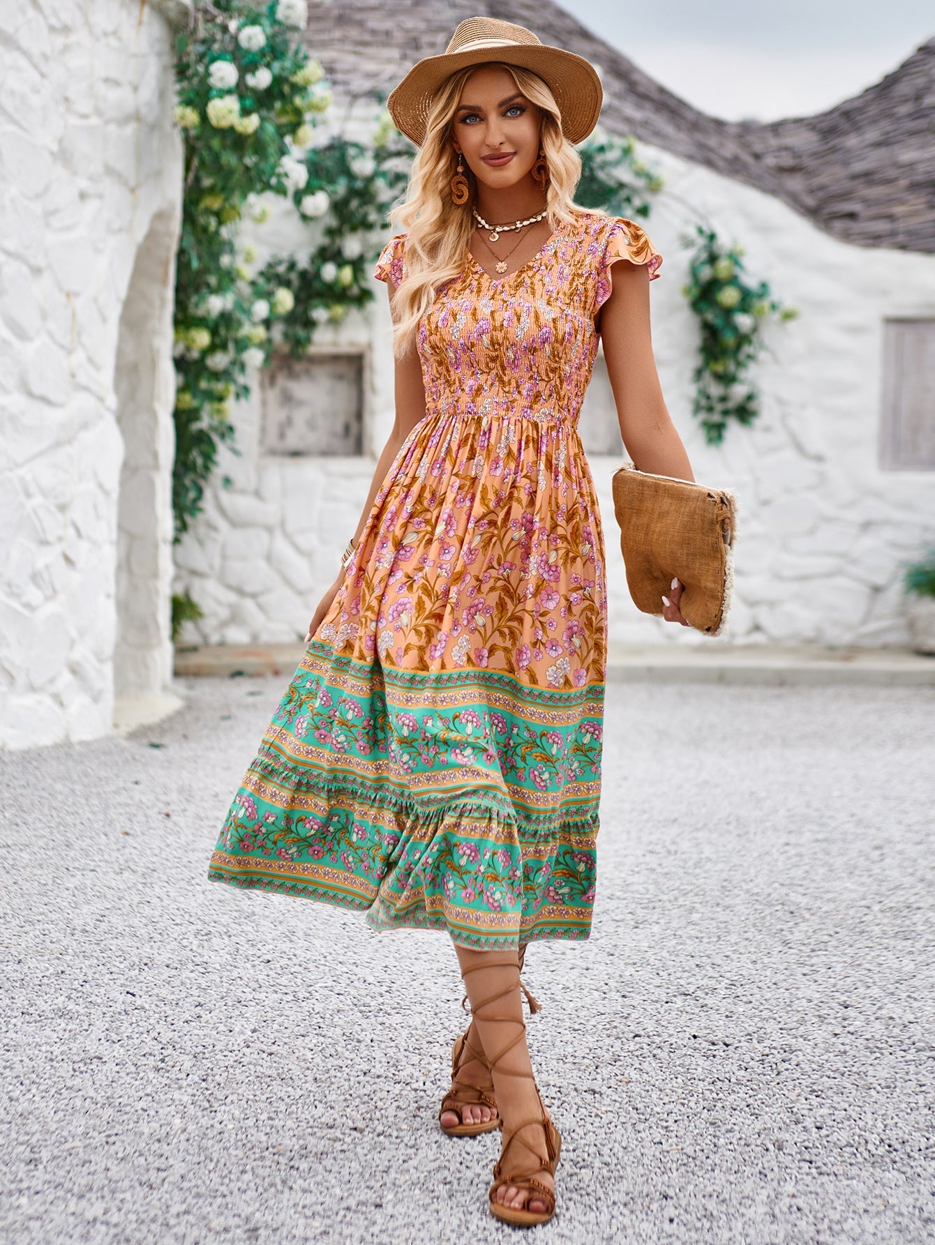 Lässiges, schmales Kleid mit Blumenmuster und hoher Taille im Boho-Stil 