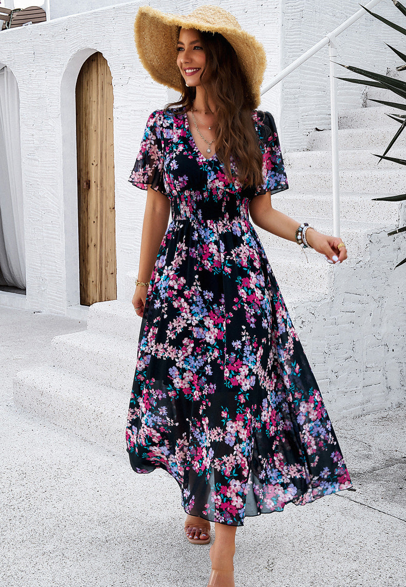 Black Floral Printed V-Neck Sundress