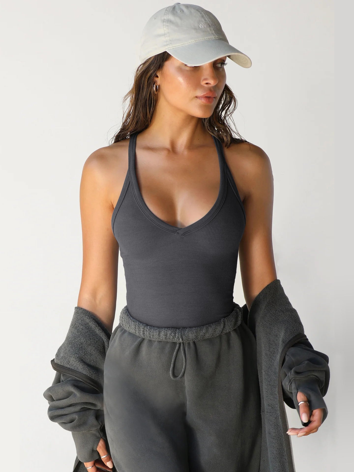 Dark Grey Halter V-Neck Plain Sleeveless Top