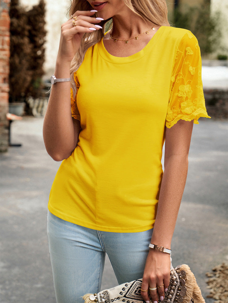 Yellow Round Neck Lace Sleeve T-Shirt