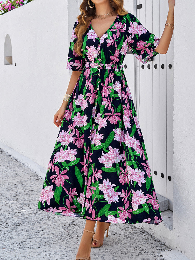 Navy Blue Floral Printed Large Swing Dress