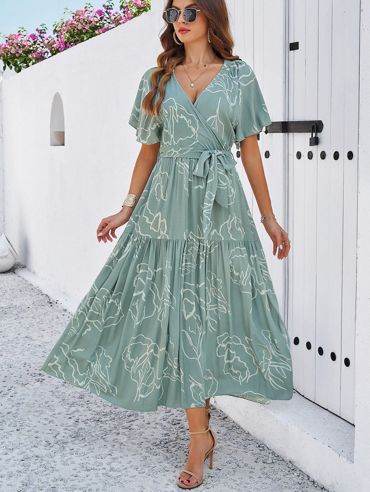 Green Deep V-Neck Bohemian Flare Short Sleeve Dress