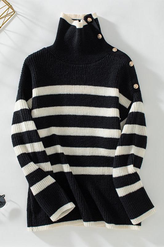 Classy Stripe Turndown Collar Long Sleeve Sweater