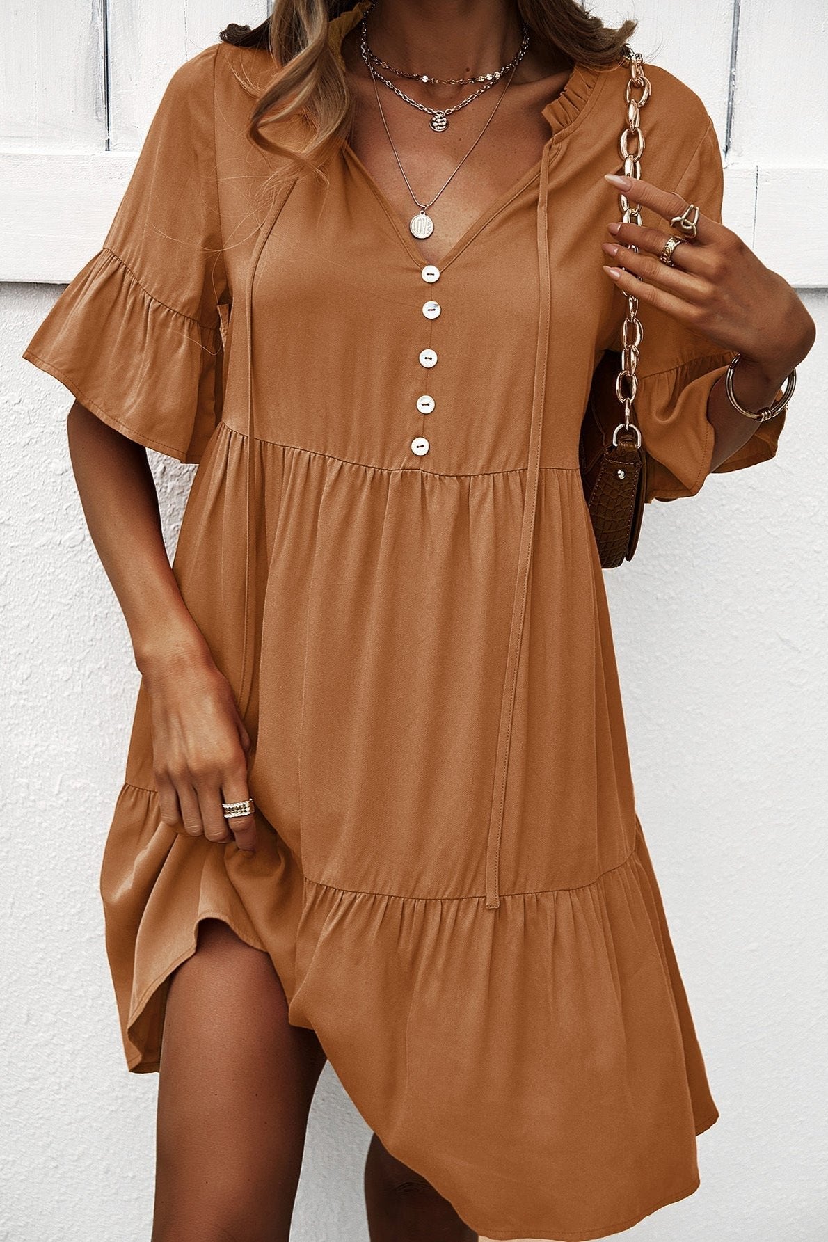 Brown Sexy Frill V-Neck Drawstring Tie Smock Dress