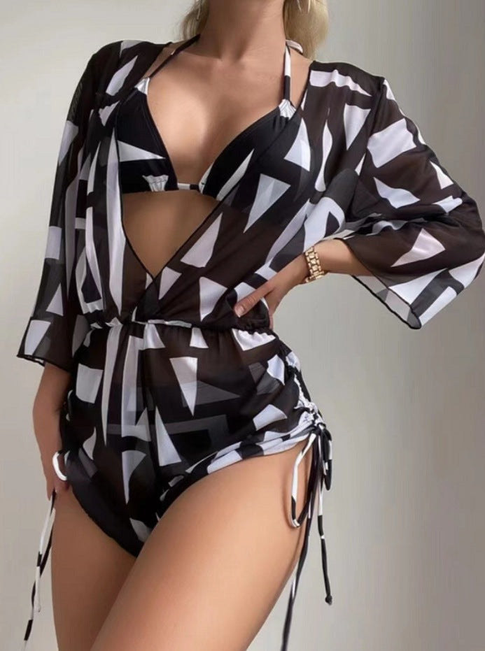 Black Geometric Three Piece Sexy Bikini