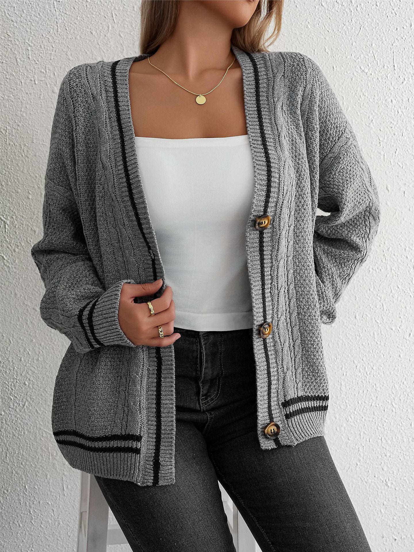 Damen Strickjacke Zopfstrick - Cardigan mit Knöpfen und Kontraststreifen