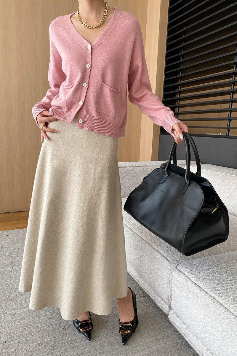 Elegant Elastic Waist A-Line Midi Skirt