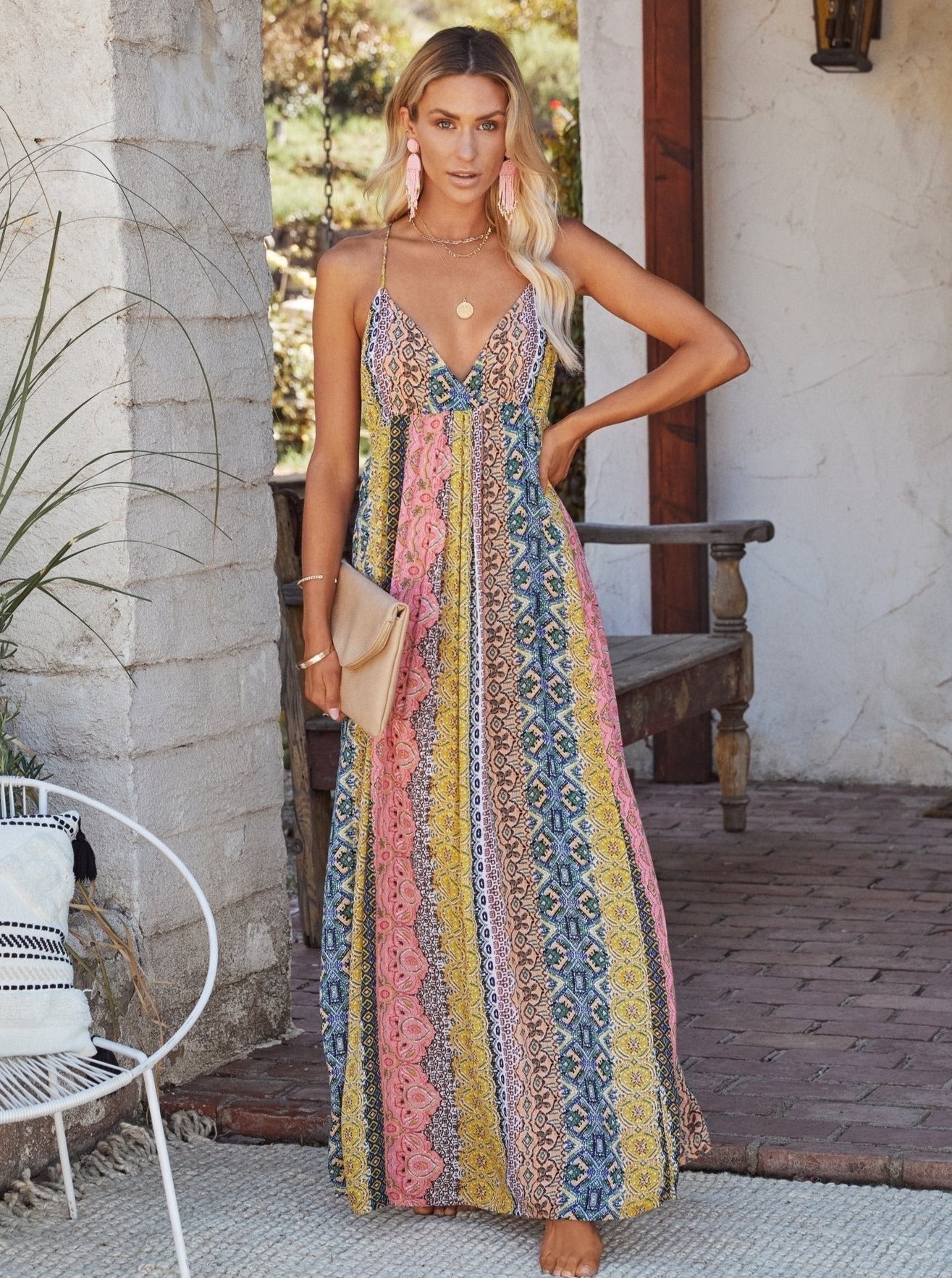 Ärmelloses Kleid im Bohemian-Stil mit rustikalem Aufdruck 