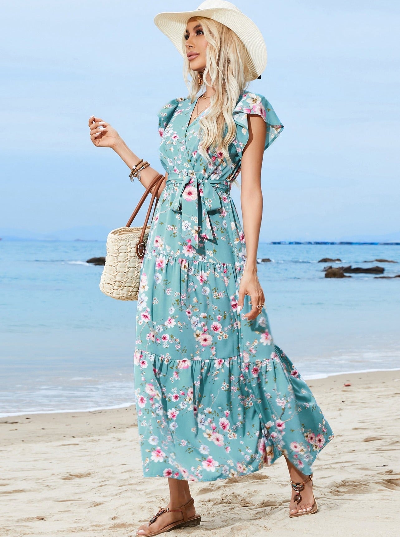 Sweet Floral Wrap Up Style V Neck Ruffles Sleeve Maxi Dress With Belt