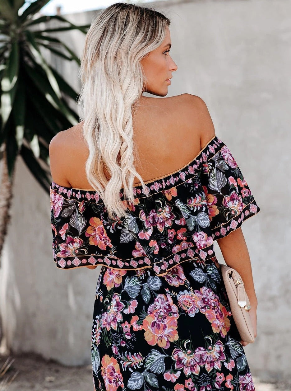 Black Floral Retro Printed Off Shoulder Maxi Dress