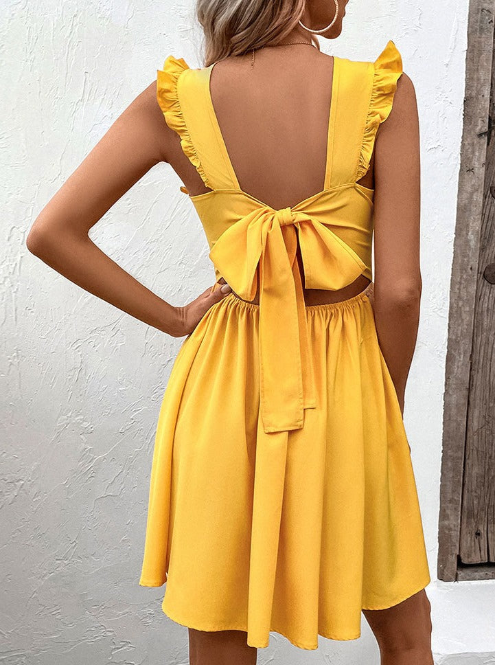 Deep V-Neck Tie Back Ruffled Summer Dress