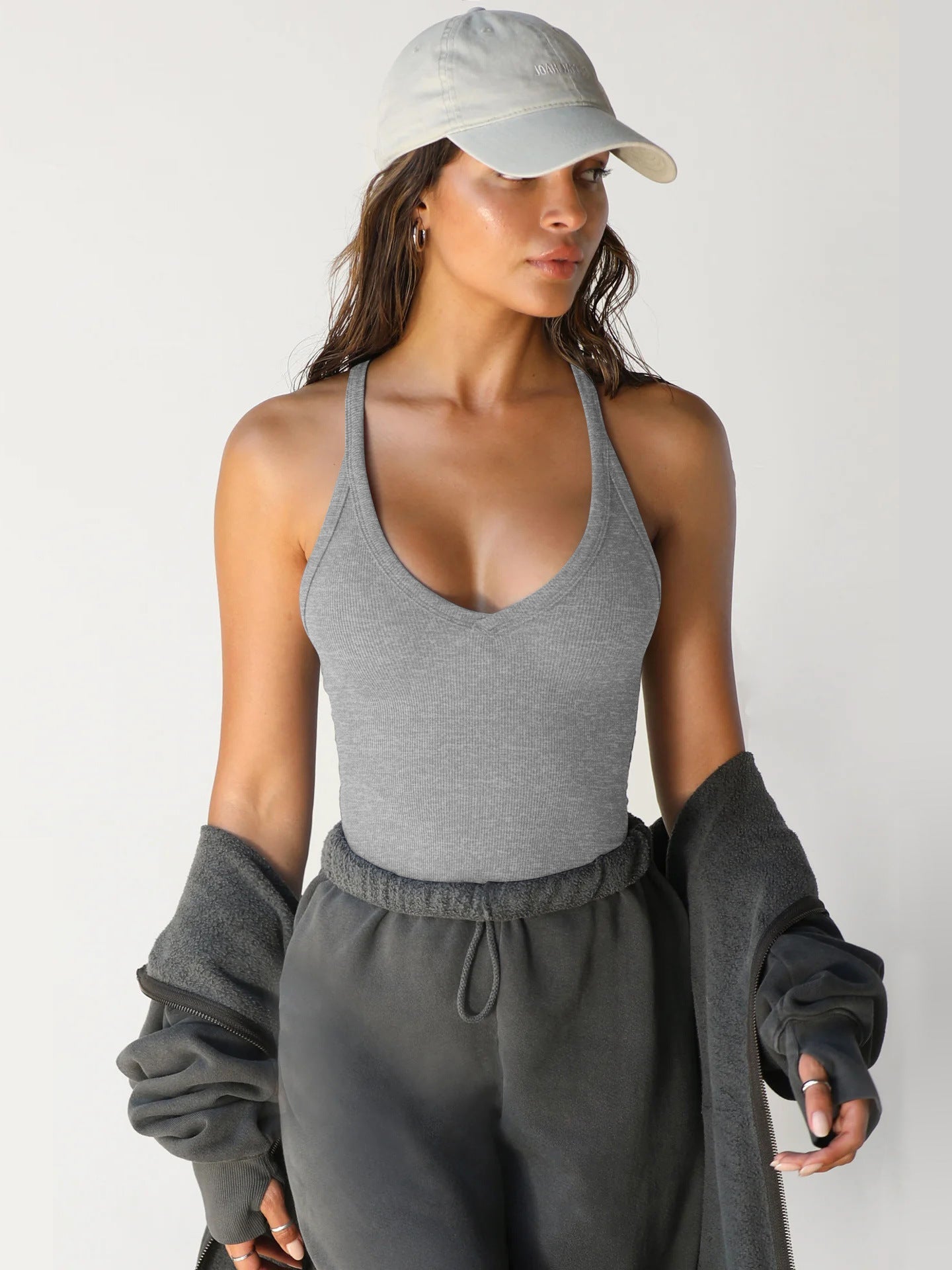 Grey Halter V-Neck Plain Sleeveless Top