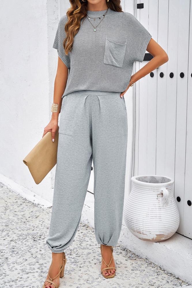 Grey Round Neck Short Sleeve Top and Pants Set