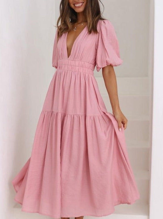 Solid Color Fluff Sleeve V-Neck Pleated Dress