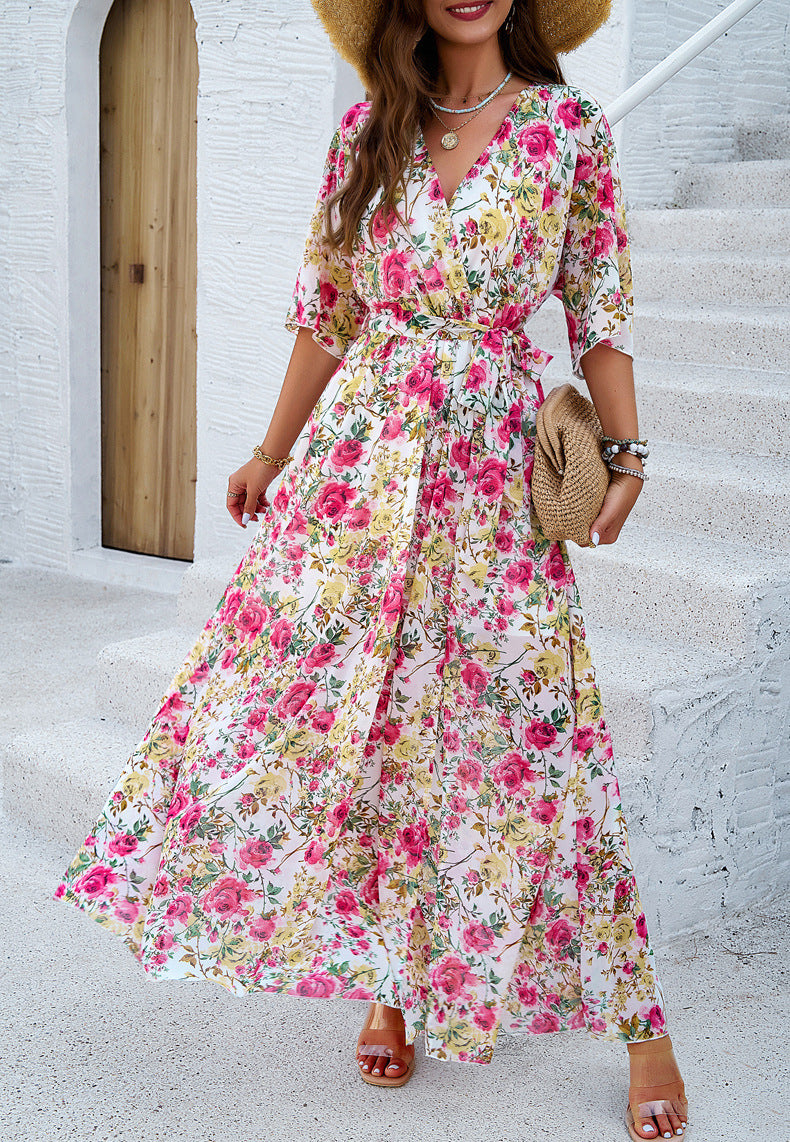 Pink Floral Printed V-Neck Pleated Dress