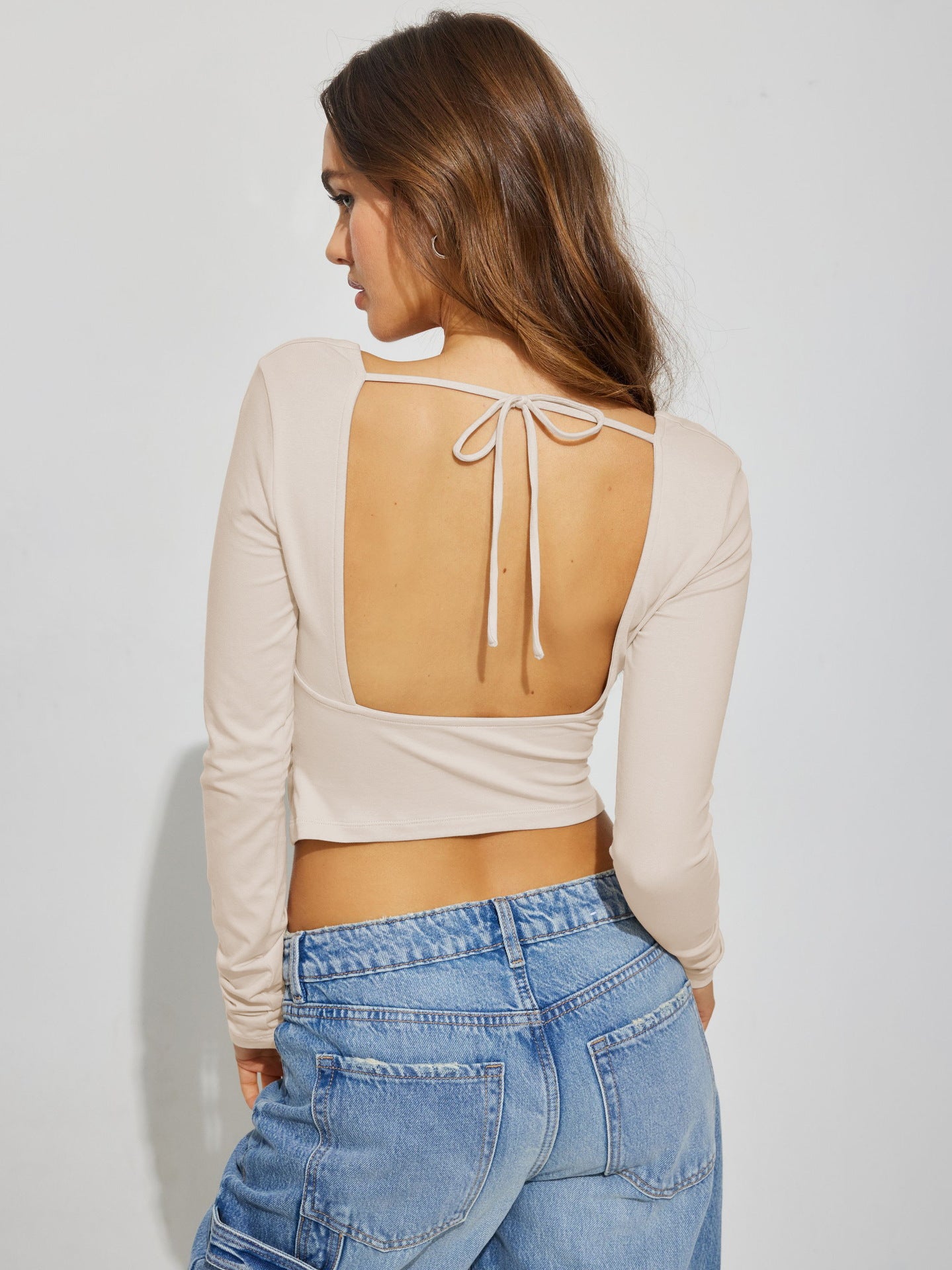 Sexy Backless Tie Back Long Sleeve Crop Top