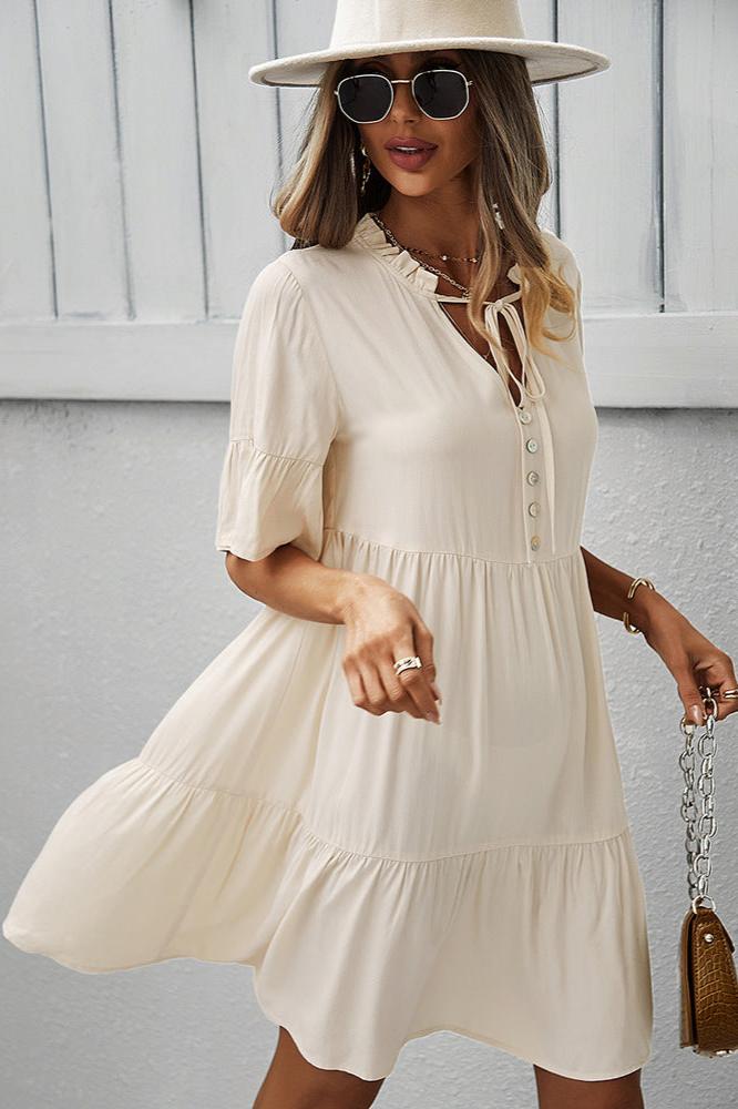 Apricot Sexy Frill V-Neck Drawstring Tie Smock Dress