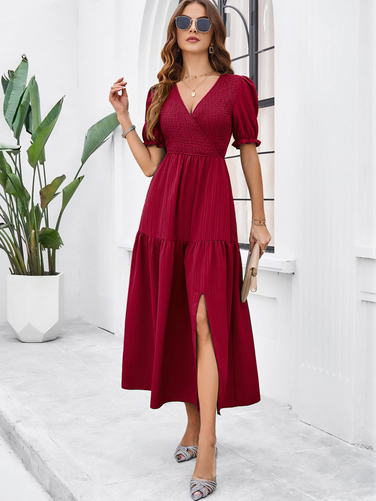 Elegant Midikleid Mit Schlitz Langarm V-Ausschnitt - Sommer Kleider Verschiedene Farben