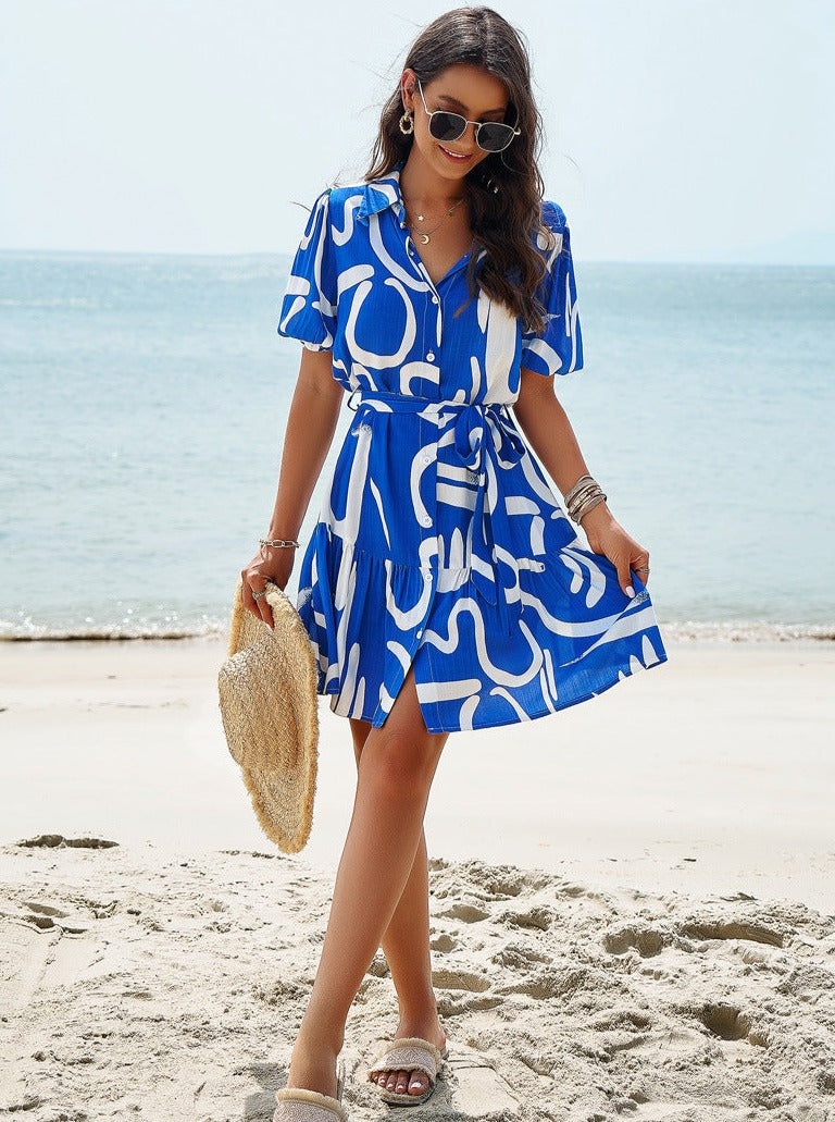 Printed Belted Tie Waist Collar Neck Button Down Dress