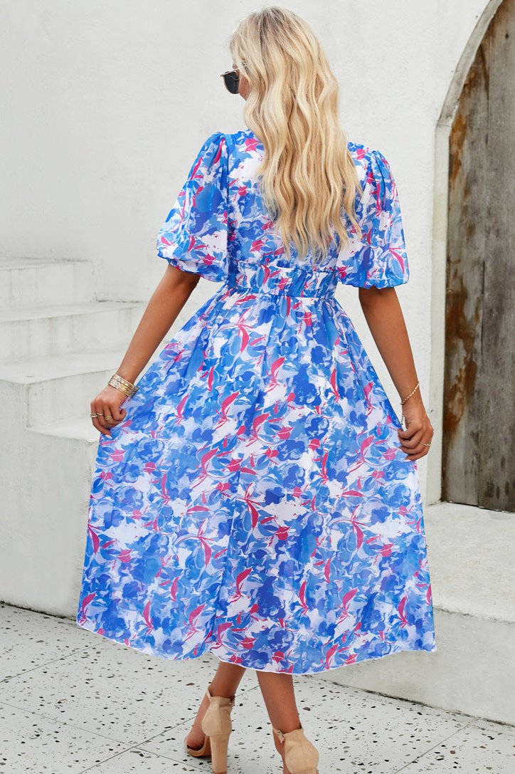 Casual Floral V-Neck Puff Sleeve Midi Dress