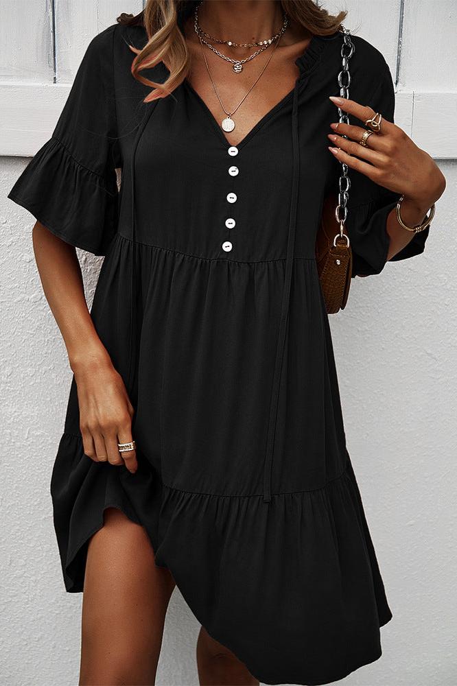 Black Sexy Frill V-Neck Drawstring Tie Smock Dress