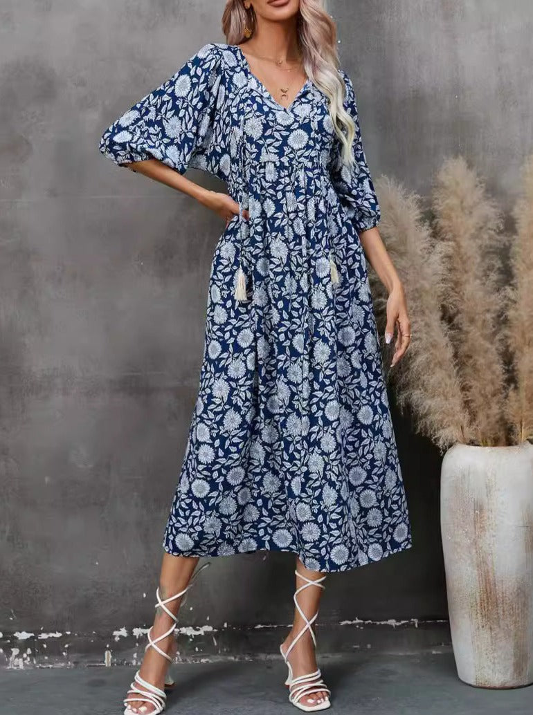 Blue Bohemian V-Neck Half Sleeves Dress