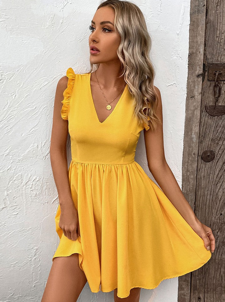 Deep V-Neck Tie Back Ruffled Summer Dress