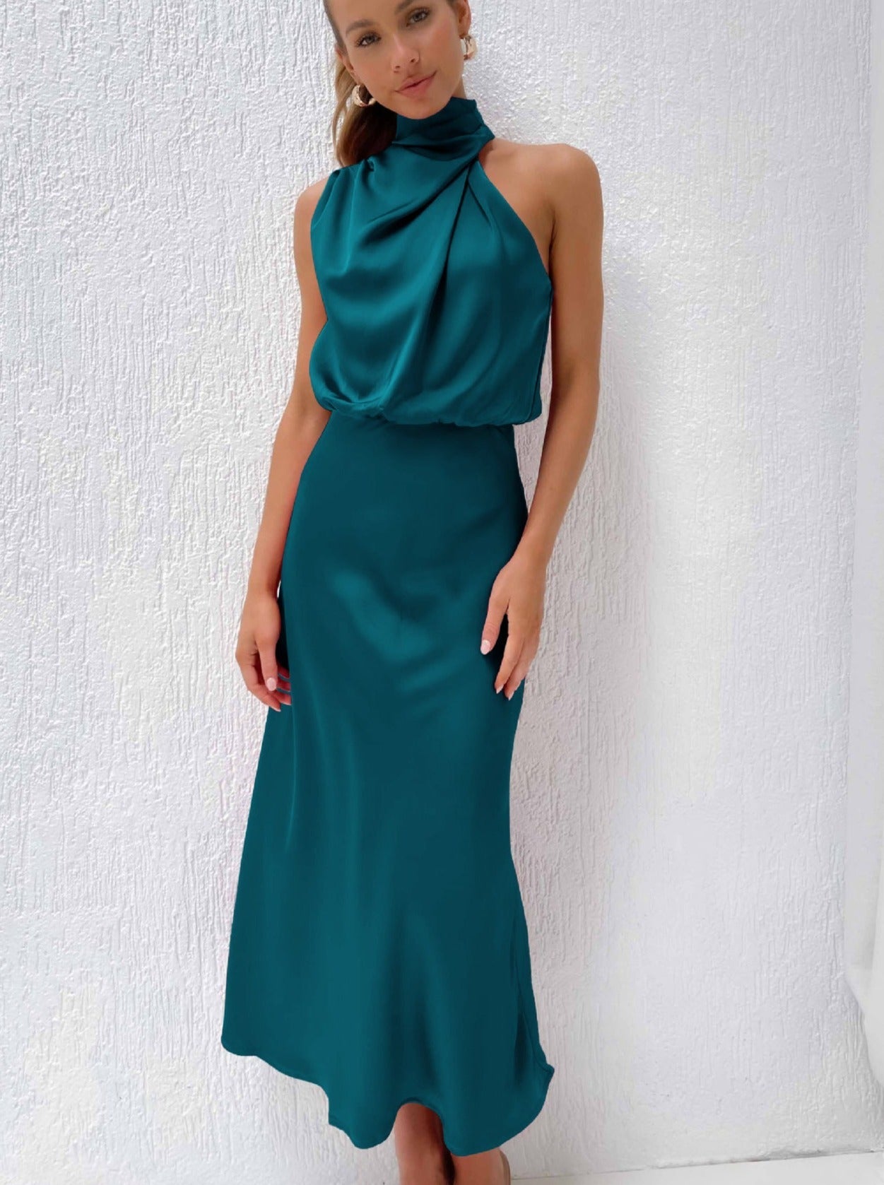 Elegantes Satinkleid Petrol Midi Hochgeschlossen Festlich Sommerabendkleid