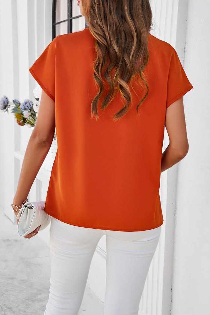 Orange Elegant V-Neck Lace Short Sleeve Shirt