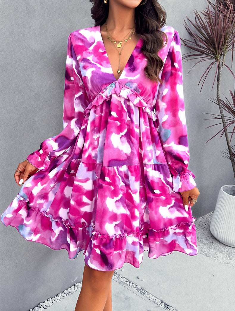 Purple Temperament Floral Printed V-Neck Long-Sleeved Dress