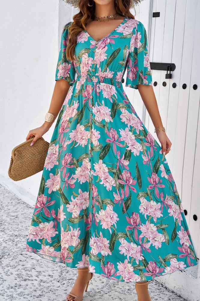 Chic Summer Floral V-Neck Side Slit Midi Dress