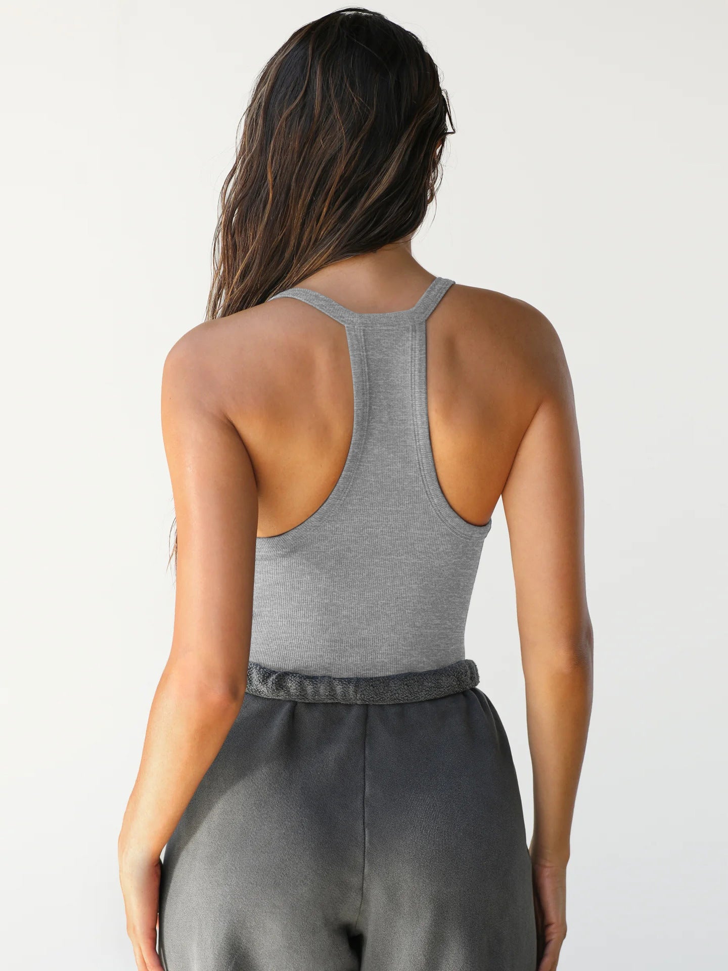 Grey Halter V-Neck Plain Sleeveless Top