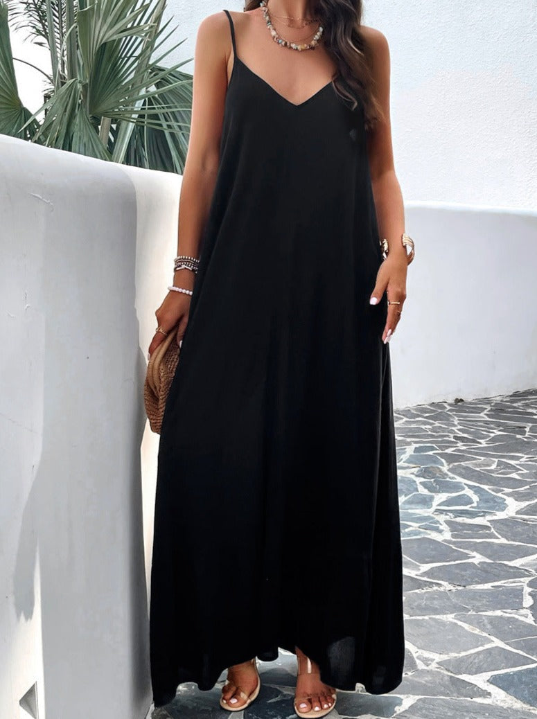 Black Casual Solid Color Suspender Maxi Dress