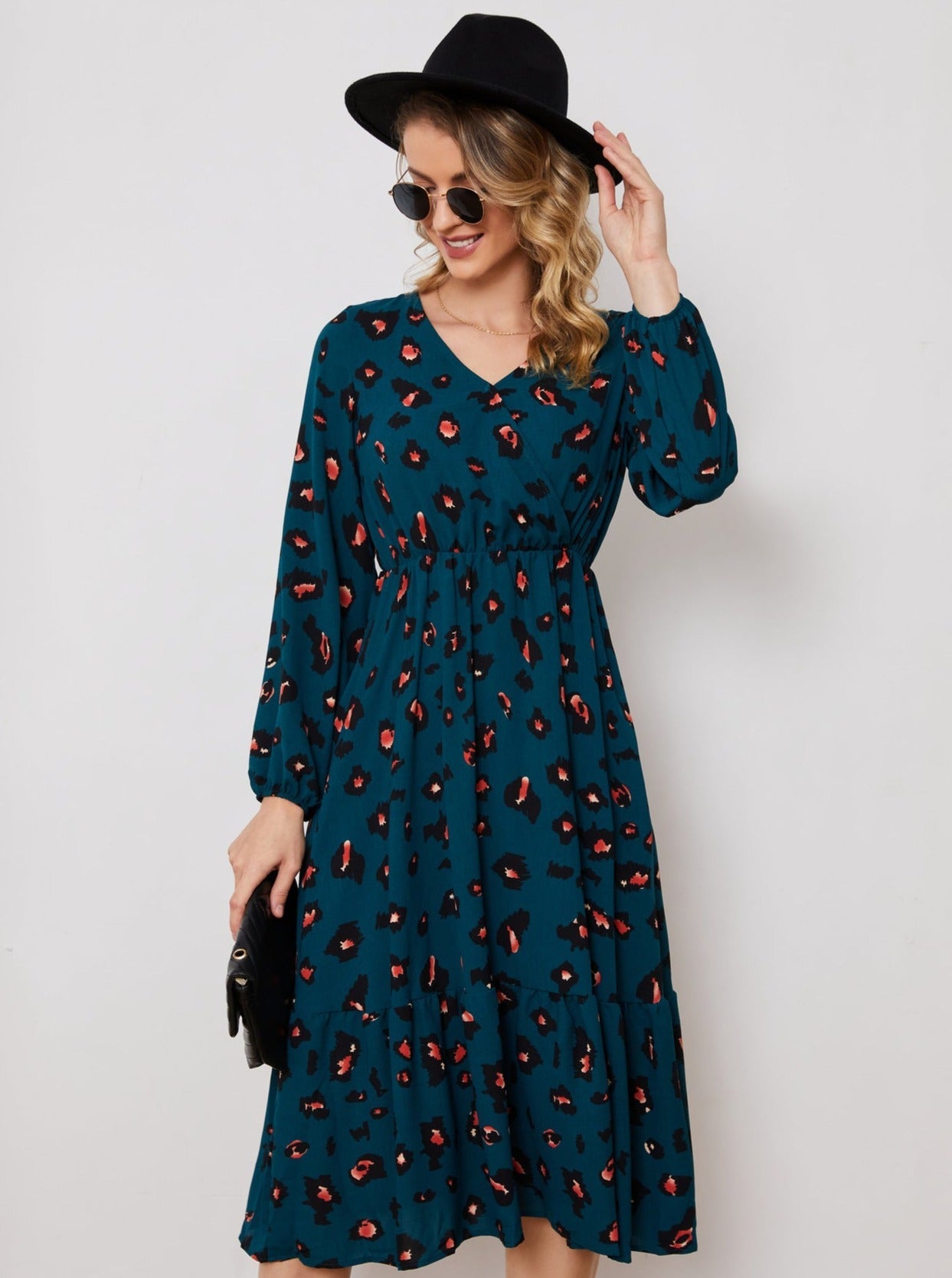 V-Neck Allover Printed Flared Dress